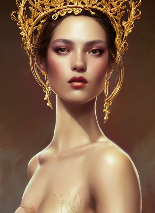 Prompt: expressive oil painting, of alluring european princess, seductive look, smooth glowing skin, glistening body, love, adoration, ornate tall headpiece made from beads, glamour shot, by yoshitaka amano, by greg rutkowski, by jeremyg lipkinng, by artgerm, digital art, octane render, fine white dress
