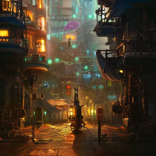 Prompt: a steampunk neighbourhood, robot, electricity lightning, furry, soft, concept art, sharp focus, intricate details, highly detailed, photorealistic, disney pixar, octane render, iridescent, anime, big field of view, 8 k