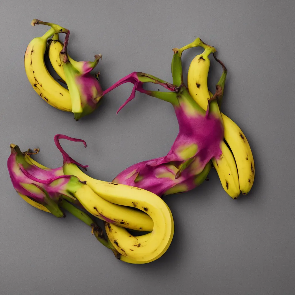 Image similar to banana in the shape of dragon fruit, hyper real, food photography, high quality