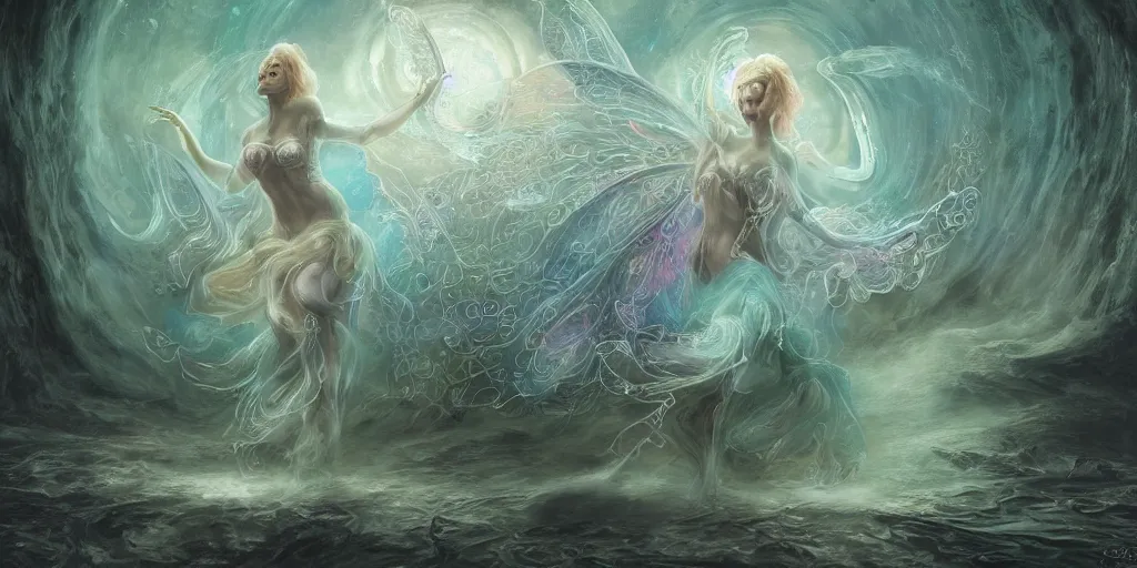 Prompt: concept art of translucent glowing curvy fairy dancing, lovecraftian, surrealism, renaissance, melting, round moons, rich clouds, fighting the horrors of the unknown, very detailed, volumetric light, mist, fine art, decaying, textured oil over canvas, epic fantasy art, very colorful, ornate intricate scales, floor of skulls, fractal gems