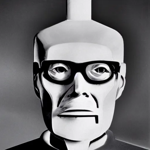 Prompt: Issac Asimov as a robot, the man with robot head, movie by David Lynch