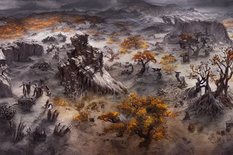 Prompt: high aerial shot, fantasy landscape, sunset lighting ominous shadows, cinematic fantasy painting, dungeons and dragons, barren dry land, desert valley of bones, sand dunes, cracked mud, dry river bed, rock outcroppings, autumn maple bonsai, by jessica rossier and brian froud and hr giger