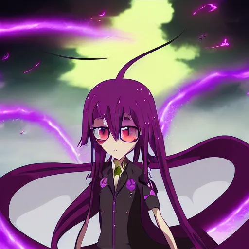 Image similar to snakes of purple lightning striking at the darkness, anime,