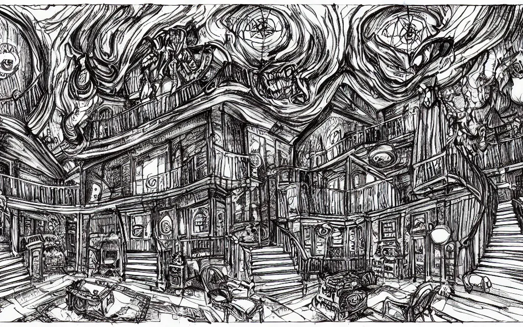 Image similar to haloween lovecraftian mansion interior epic, drawn by pete amachree