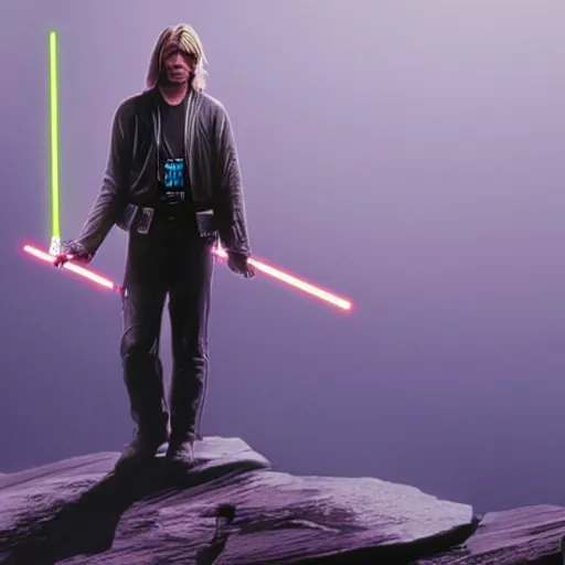 Image similar to a dreamy film still of Kurt Cobain in star wars Holding a Lightsaber, Moebius, Greg Rutkowski, Zabrocki, Karlkka, Jayison Devadas, Phuoc Quan, trending on Artstation, 8K, ultra wide angle, zenith view, cyberpunk pincushion lens effect