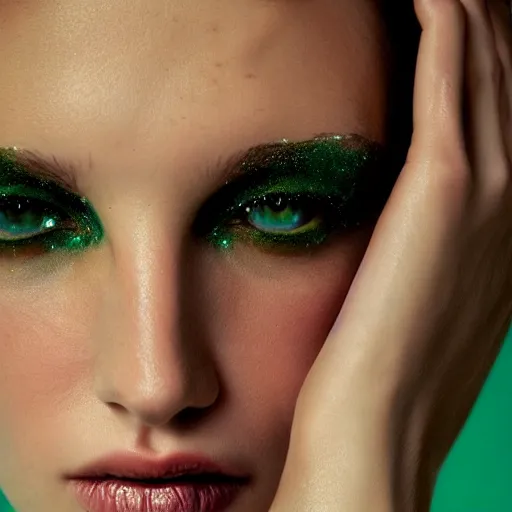 Prompt: photo of beautiful model with subtle green eye shadow, photo by annie leibovitz and mert and marcus, beauty campaign, photoshoot, closeup, real life skin, sharp focus