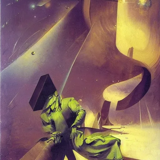 Image similar to A sculpture. A rip in spacetime. Did this device in his hand open a portal to another dimension or reality?! chartreuse by Hans Baldung, by John Berkey serene