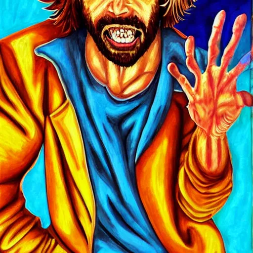 Image similar to shaggy as the most powerful human being on earth, epic painting