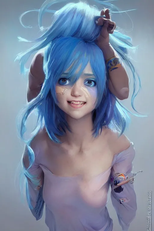 Prompt: a little gamergirl with a laughing face and short!! light colorful blue hair. she is dressed as gamergirl in her room, painting, beautiful detailed face. by artgerm and greg rutkowski and alphonse mucha