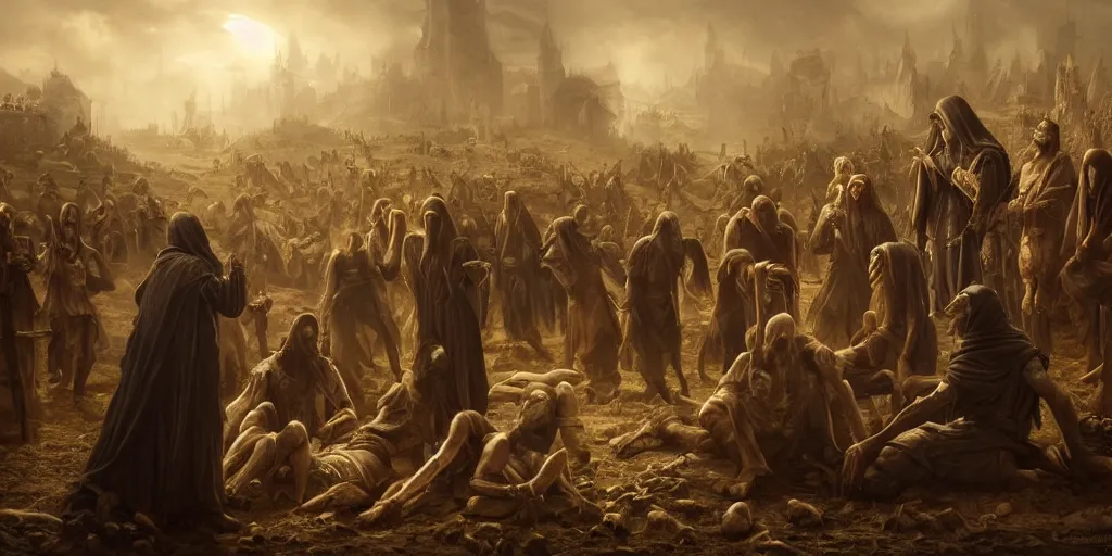 Prompt: beautiful oil matte painting, black plague infected people meeting the grim reaper, wonderful masterpiece highly detailed, beautiful cinematic light deep focus, elegant, digital painting, smooth, sharp focus, golden ratio, dramatic illumination, ultra realistic, 8 k, art by salvator rosa