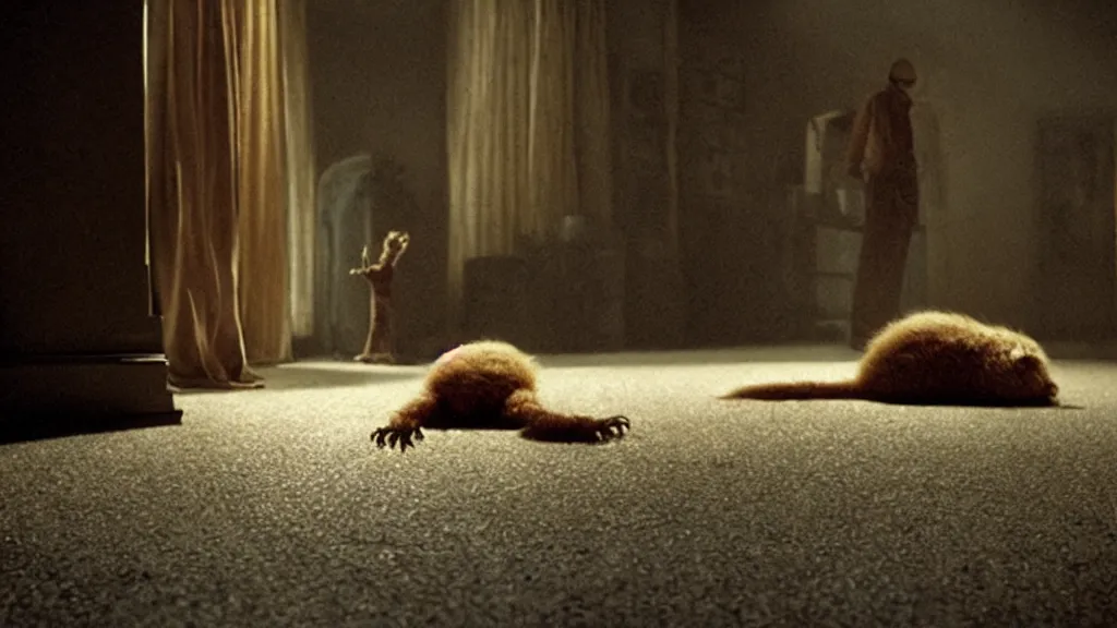 Image similar to the strange creature under the floor, we hear it at night, film still from the movie directed by denis villeneuve and david cronenberg with art direction by salvador dali