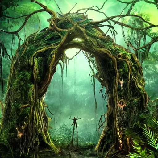 Prompt: horrific portal to the stars, embedded in a terrifying tree in a densely overgrown jungle, fantasy, dreamlike sunraise, ultra realistic, atmospheric, stopped in time, epic