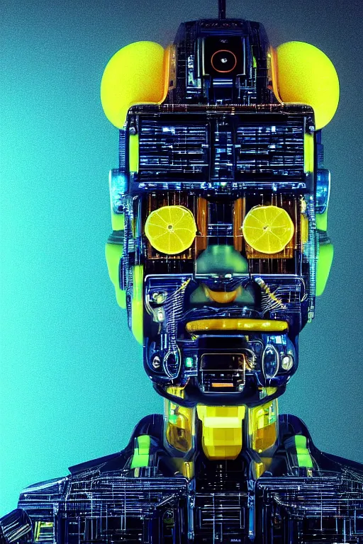 Prompt: a robot with lemons on his head, cyberpunk art by Mike Winkelmann, by Filip Honda, trending on cgsociety, panfuturism, made of lemons and limes, glitch art, rendered in cinema4d, blender, hyper realism