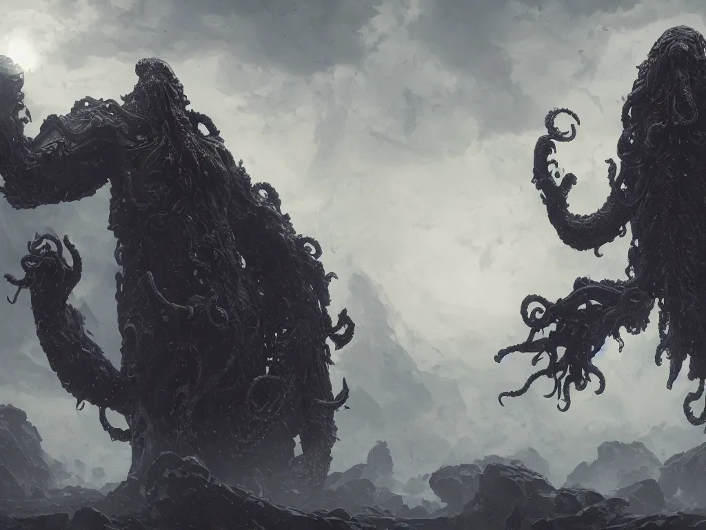 Image similar to A wide shot of an ancient lovecraftian elder god Cthulhu with a humanoid figure bat wings floating in space consuming a planet art by Maciej Kuciara and Jason Chan, ominous, cosmic horror, trending on artstation, Ultra detailed, hyper realistic 4k