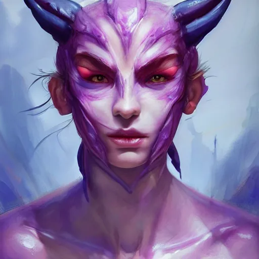 Image similar to berserker dragon girl portrait, medium shot, asymmetrical, profile picture, organic painting, sunny day, matte painting, purple flesh skin, forehead horn, bold shapes, hard edges, street art, trending on artstation, by huang guangjian and gil elvgren and sachin teng