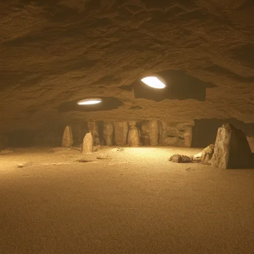 Prompt: a cave - like underground post - apocalyptic nuclear bunker lit only by a small crack in the ceiling that casts light on the devil himself lurking inside. octane render, 4 k, photorealism