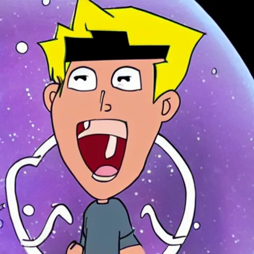 Image similar to a male cartoon teen lost in space with an evil grin and injuries wearing white shirt and short hair near a black hole