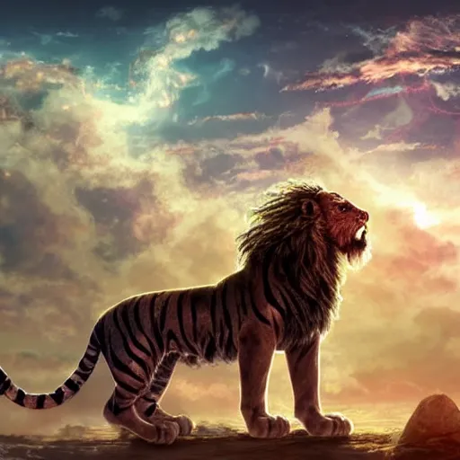 Image similar to the ancient world, hyper complexity, highly detailed, cinematic lighting, pastel colored sunrise, flying robotic tiger with gold metal huge wings on its back in the cloudy sky, sharp outlines, complete whole lion body, another sleeping tiger face in the clouds watching each other, hyperrealistic, trending on pixiv fanbox, love death robot,