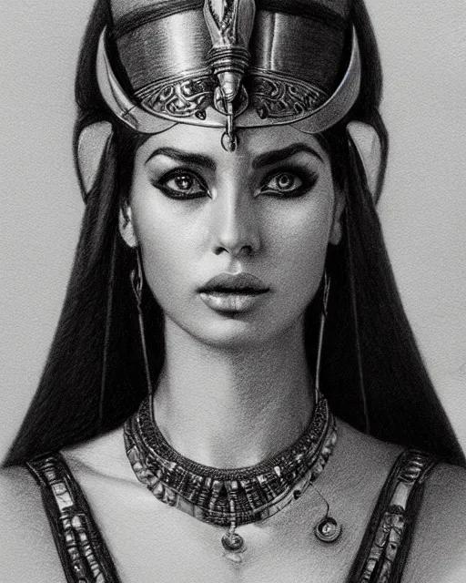 Image similar to pencil drawing of beautiful cleopatra, hyper realistic face, in the style of greg rutkowski, fantasy, amazing detail, epic, elegant, smooth, sharp focus, from the front