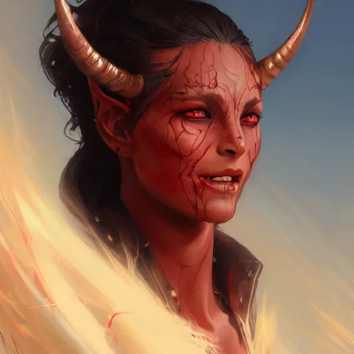 Prompt: portrait of a female berber tiefling with red skin, devil horns and black hair in a ponytail wearing a steel chestplate in a desert, fantasy, seinen, highly detailed, digital painting, pixiv, concept art, character art, art by greg rutkowski, tyler jacobson, alphonse mucha, ross tran and makoto shinkai