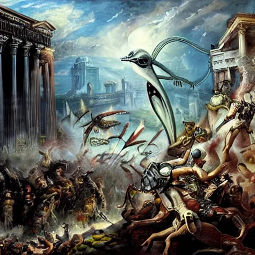 Prompt: alien invasion, fall of rome, epic painting