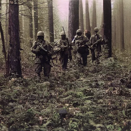 Prompt: wide shot, a squad of American Soldiers patrolling deep in the thick, forest, painting, colored, eerie, ominous, Lovecraftian, eldritch horror, 1969