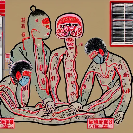 Prompt: chinese surgeons operating on a body, organ harvesting, in the style of daniel johnston and outsider art, 8k, line brush, overlaid with chinese adverts