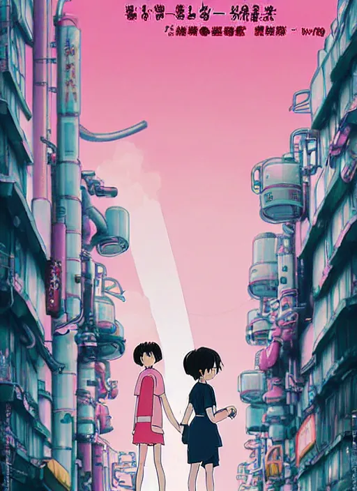 Prompt: a movie poster for a studio Ghibli film based on the song Yoshimi battles the pink robots, part 1. by the band the flaming lips; artwork by Hiyao Miyazaki and studio Ghibli; a Japanese girl is about to fight a gigantic Pink Robot in an alley in Tokyo