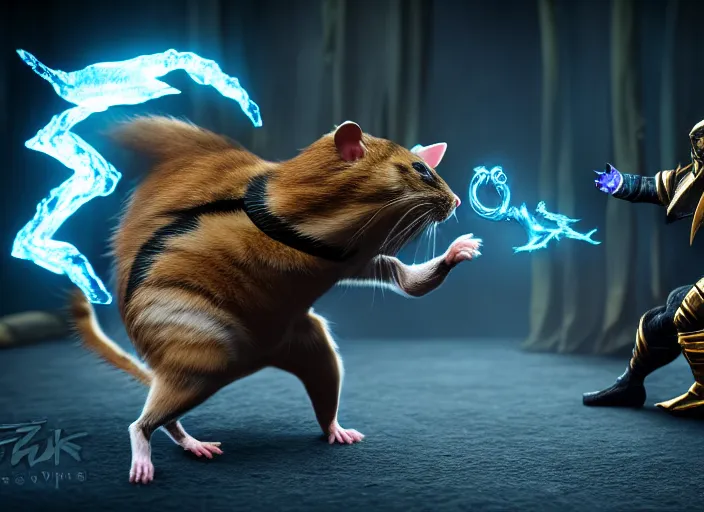 Image similar to hamster dressed as sub zero fights a cat dressed as scorpion in mortal kombat on the background of a laughing shao khan. fantasy magic style. highly detailed 8 k. intricate. lifelike. soft light. sony a 7 r iv 5 5 mm. unreal engine with nanite and path tracing