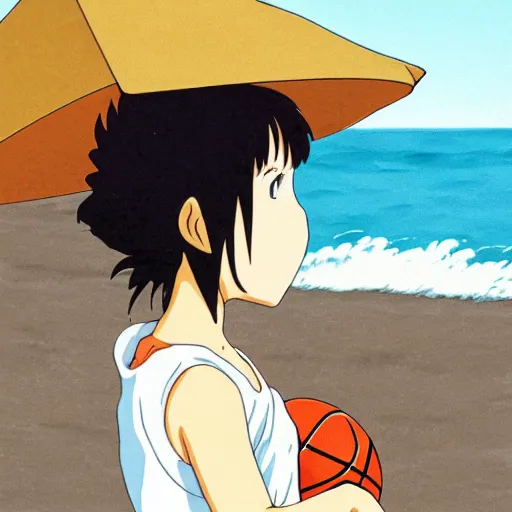 Prompt: ghibli anime headshot portrait of young girl playing basketball on beach