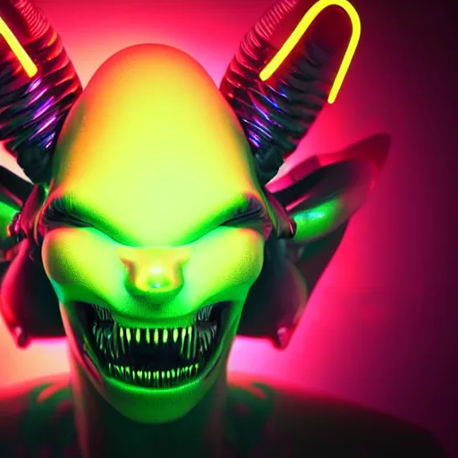 Image similar to synthwave demonic alien face with neon horns, detailed face, sharp focus, synthwave art, aesthetic, octane render, raw, cinematic