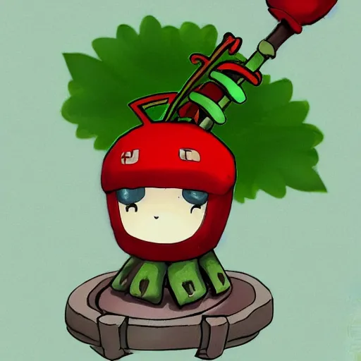 Prompt: cute little robot with tomato hat with a leaf, and sword with chive shape, made in abyss style, standing on a forest