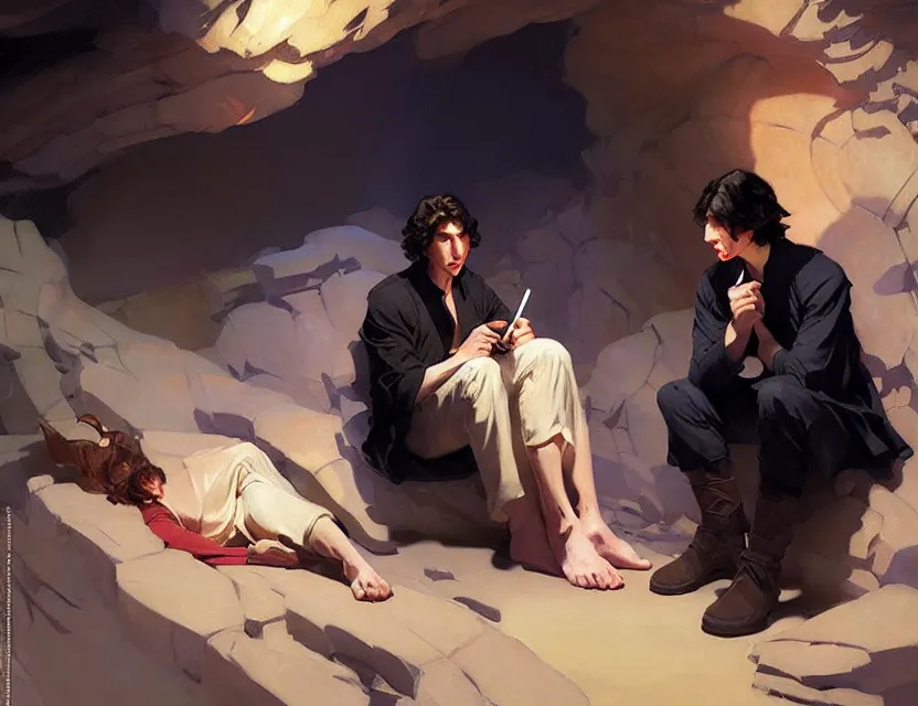 Image similar to ben solo and rei sitting together in a large dark cave, tired, painted by krenz cushart, mucha, ghibli, by joaquin sorolla rhads leyendecker, by ohara koson