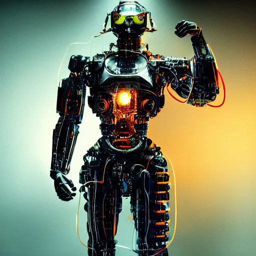 Image similar to cyborg with gatlinger gun hands, tangles of metallic cables, dark messy smoke - filled cluttered workshop, dark, dramatic lighting, orange tint, sparks, plasma charges, cinematic, highly detailed, sci - fi, futuristic, movie still