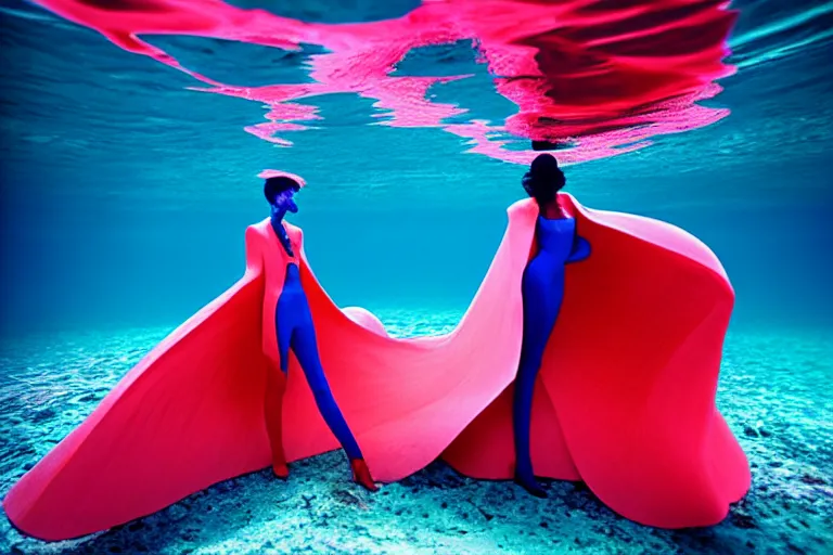 Prompt: fashion editorial photography in an underwater world inspired by jean giraud moebius