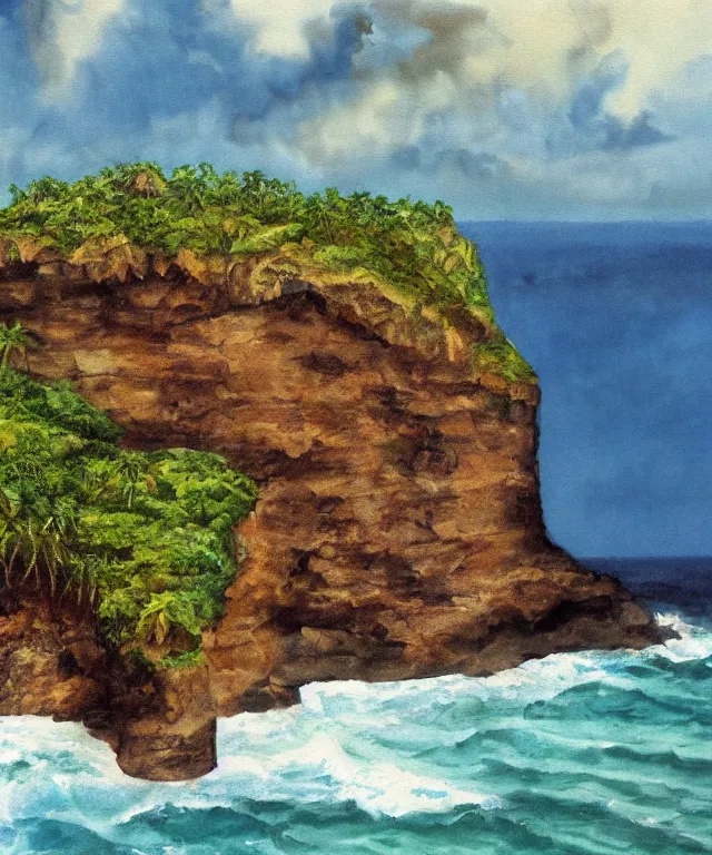 Prompt: photorealistic painting of turtle bay beach jamaica, sharp cliffs, island with cave, dark, atmospheric, brooding, smooth, finely detailed, cinematic, epic, in the style of clyde caldwell