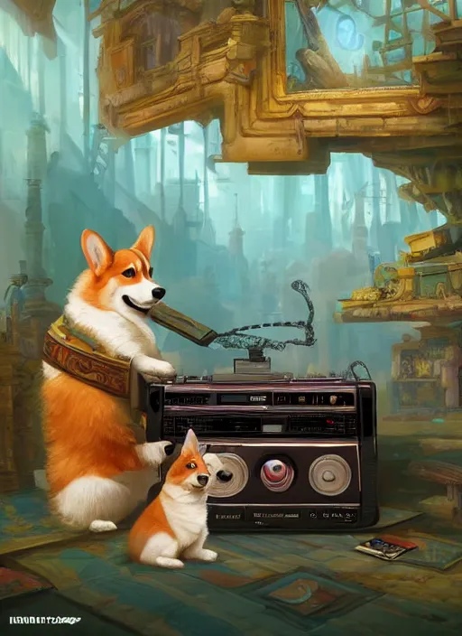 Prompt: beautiful fantasy painting scene of corgi assassin listening to lofi hiphop on his boombox in his palace, by James Gurney, Nikolina Petolas, Tyler Edlin. Trending on Artstation, 8k, masterpiece, graffiti paint, fine detail, full of color, intricate detail