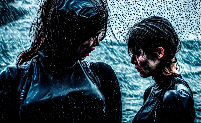 Image similar to cinestill 5 0 d candid photographic portrait by christopher nolan of two loving female androids sobbing wearing rugged black mesh techwear in treacherous waters, extreme closeup, modern cyberpunk moody emotional cinematic, pouring rain menacing lights shadows, 8 k, hd, high resolution, 3 5 mm, f / 3 2, ultra realistic faces, ex machina