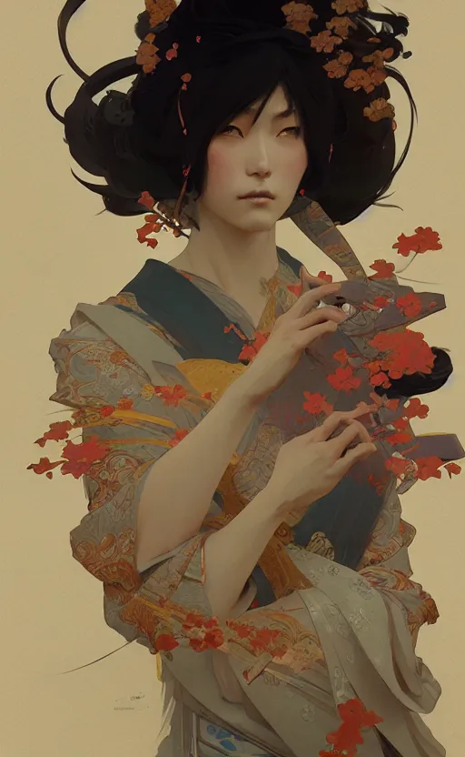 Prompt: personification of japan, highly detailed, digital painting, artstation, concept art, sharp focus, illustration, art by greg rutkowski and alphonse mucha