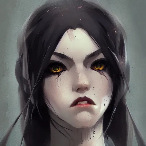 Image similar to female human vampire witch in the style of greg rutkowski, makoto shinkai, trending on artstation, character design, concept art, pretty face, highly detailed, long black hair, portrait, digital art