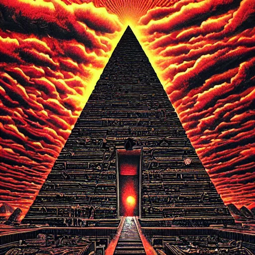 Prompt: iconic death metal album cover artwork with psychedelic undertones in style of Midjourney, anunnaki gods have returned to the pyramids theme insanely detailed and intricate, red theme, golden ratio, elegant, ornate, unfathomable horror, elite, ominous, haunting, matte painting, cinematic, Dan Mumford, cgsociety, Andreas Marschall, James jean, Noah Bradley, Darius Zawadzki, vivid and vibrant