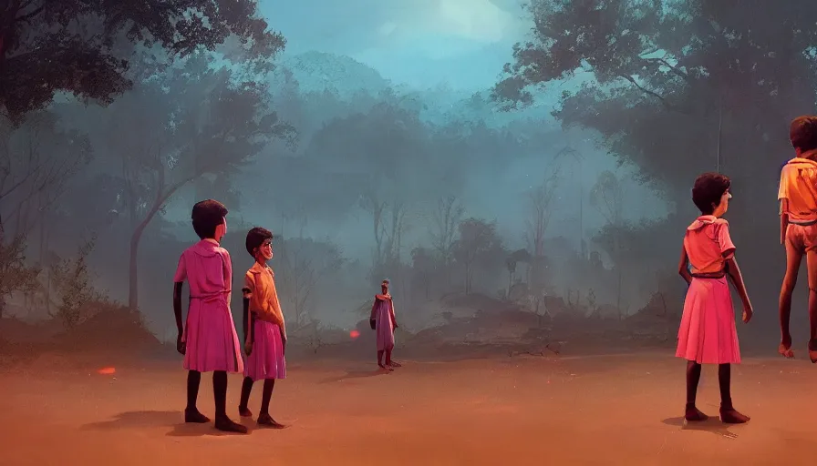 Image similar to kerala school boys wearing girls dresses posing for a photo, an epic fantasy, dramatic lighting, cinematic, establishing shot, extremely high detail, photorealistic, cinematic lighting, artstation, matte painting by simon stalenhag, horizon forbidden west