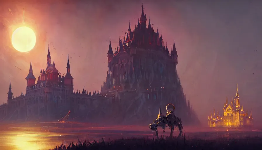 Image similar to ismail inceoglu and jama jurabaev's concept art, cel shadows, film shooting, trends on artstation, high quality, brush strokes, bright colors, incomparably magnificent golden gothic castle palace complex, a huge golden eclipse halo. ghibli, ring of mecha, extremely beautiful, magnificent perspective lens