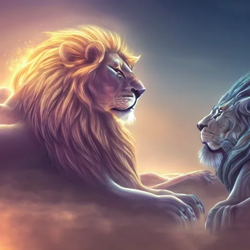 Image similar to the ancient world, hyper complexity, highly detailed, cinematic lighting, pastel colored sunrise, flying robotic lions with gold metal huge wings on its back in the cloudy sky, sharp outlines, complete whole lion body, another sleeping lion face in the clouds watching each other, hyperrealistic, trending on pixiv fanbox, love death robot,