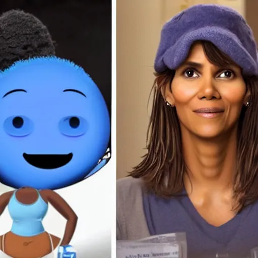 Image similar to an anthropomorphic blueberry with the face of halle berry