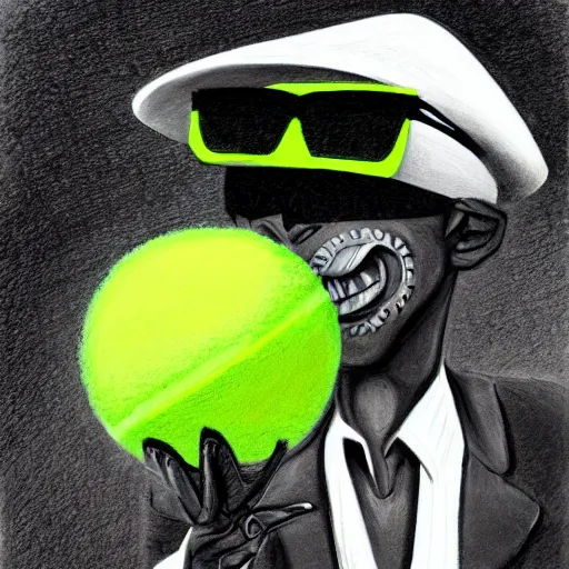 Prompt: a tennis ball monster, tennis ball, dark, chalky, wearing sunglasses and hat, digital art, fantasy, magic, trending on artstation, ultra detailed, professional illustration by Basil Gogos