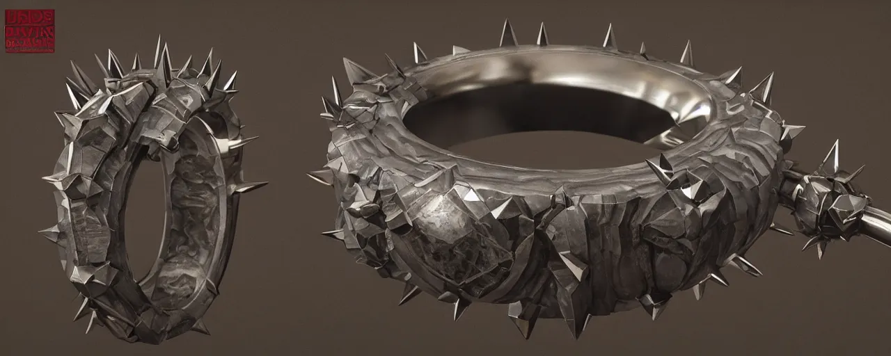 Image similar to tungsten ring with spikes, ring, steel, sword, crystals, smooth shank, engravings, product design, jewelry, art by gerald brom, greg rutkowski and artgerm and james jean and zdzisław beksinski, 8 k, unreal engine, c 4 d