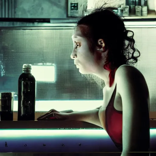 Image similar to a cyborg girl leaning against the counter in a night club staring at the camera, a photograph by Aki Kaurismäki and Christopher Doyle.