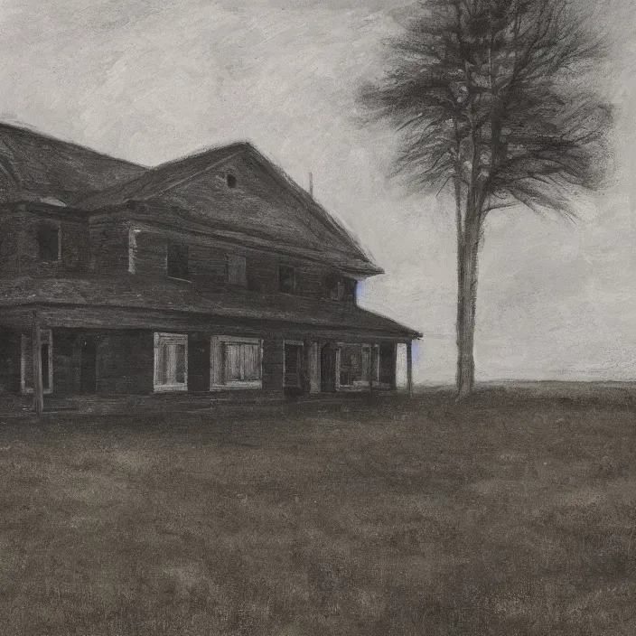 Prompt: a building in a serene landscape, horror fiction