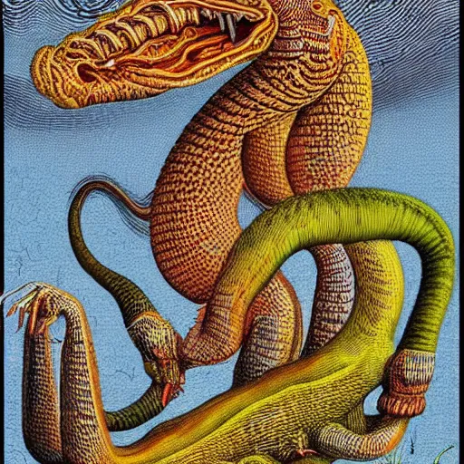 Prompt: half Basilisk half Cerberus drooling hungrily, style of Codex Seraphinianus, troubling, unsettling, pixel sorting style. Highly detailed, cinematic, dramatic